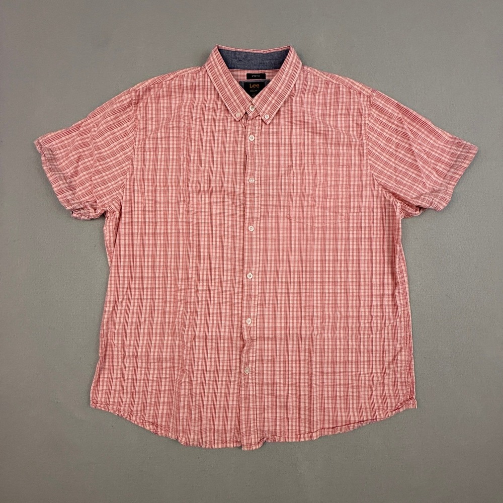 Lee Shirt Men's XXL Regular Fit Short Sleeve Plaid Button Up‎ Shirt Pocket Red